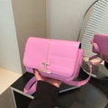 Pink leather shoulder bag with gold T-shaped metal logo and adjustable strap - Pink