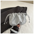 Detail of silver metallic pleated drawstring cloud bag with matching chain strap - Silver