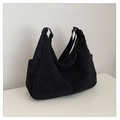 Large black corduroy tote bag with vertical stripes and wide shoulder strap - Black