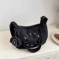 Black corduroy crescent hobo bag with letter embroidery and round coin purse - Black