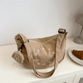 Khaki corduroy large tote bag with embroidery and round coin purse charm accessory - Khaki