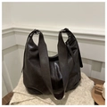 Detail of soft dark coffee leather Hobo bag with wide shoulder strap and silver buckle - Coffee