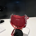 Retro crescent-shaped wine red PU handbag with silver chain handle and shoulder strap - Red
