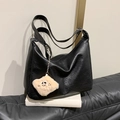 Large black PU leather tote bag with lychee texture and a beige plush charm - With Pendant / Black