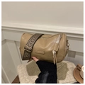 Coffee brown cylindrical crossbody bag with ethnic style wide strap and fashion logo - Khaki