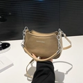 Fashionable khaki PU leather crescent shoulder bag with a silver chain strap detail - Khaki