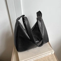 Retro black leather tote bag with lychee texture and silver buckle for women - No Pendant / Black