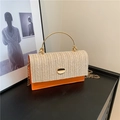 Chic woven beige and vibrant orange crossbody bag with gold metal handle and chain strap - Orange