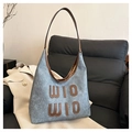 Retro grey wool hobo tote with brown leather trim and large WIO letter applique - No Pendant / Denim Blue