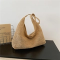 Handgewebte Strohtasche in Naturholzton mit hohlgestricktem Design und Leder-Schultergurten - Khaki