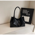 Minimalist black tote bag with soft pleated PU leather and long shoulder strap - Black