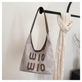 Gray canvas hobo tote bag with brown leather trim and raised UIO lettering detail - No Pendant / Off White