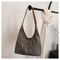 Grey vintage tote bag with WIO WIO lettering and brown leather straps on display - No Pendant / Dark Brown