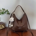Dark brown large capacity tote bag in satin faux leather with white plush cloud charm - Tote Bag With Cloud Charm / Coffee