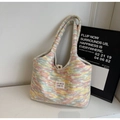 Pastel rainbow striped knit shoulder bag with soft plush texture and metal snap closure - Pink
