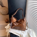 Brown vintage PU leather tote bag with plush puppy pendant and striped ribbon scarf - Brown with Pendant