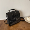 Mochila ita preppy de cuero PU negro con lazo decorativo y ventana transparente - Negro