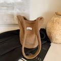 Brown fuzzy lamb wool bucket bag with 'LOVE FASHION' label and matching plush strap - Brown Without Pendant