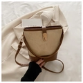 Retro color-block bucket bag with beige canvas and brown leather strap detailing - No Pendant / Brown