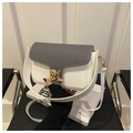 White and gray denim contrast crossbody bag with gold metallic buckle and leather strap - White