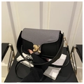 Minimalist black and grey crossbody bag with gold buckle and wide leather strap - Black
