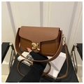 Brown contrast leather crossbody bag with textured flap and gold buckle detail - Brown
