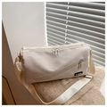 Beige large capacity nylon crossbody bag with adjustable strap and fashion label - White