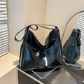 Glossy black large capacity tote bag with side pockets for daily school and commuting - Black