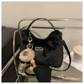 Plush faux mink fur black crossbody bag with sheep pendant and sport logo emblem - With Pendant / Black
