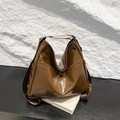 Dark brown high-gloss oil wax leather hobo bag with spacious side pockets and wide strap - Brown