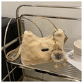 Plush faux fur hobo bag in milk tea color with sport metal plaque and bear charm - With Pendant / Khaki