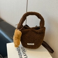 Dark brown teddy plush bucket bag with white logo label and cute bear charm accent - Coffee (With Pendant)