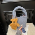 Blue faux fur bucket bag with plush bear charm and adjustable strap for women - Haze Blue (With Charm)
