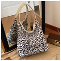 Borsa tote in tela con stampa leopardata e lunghi manici in pelle kaki alla moda - Bianco Sporco