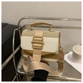 Detail der gestreiften Webhandtasche mit Goldschnalle und breitem Textilschultergurt - Khaki