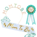 Kit Baby Shower avec tiare Mom to Be, écharpe en satin et badge Dad to Be fleuri - Vert