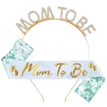 Coffret cadeau Mom To Be avec bandeau strass et écharpe en satin botanique pour baby shower - Serre-Tête Or Et Écharpe Florale Verte