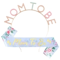 Mom To Be baby shower set with colorful enamel headband and floral blue satin sash - One Size / MOM TO BE Pink