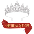 Set corona di cristallo argento e fascia glitterata rossa Birthday Queen festosa - Tiara d'argento con fascia rossa con scritte dorate / Rosso Con Scritta Oro