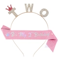 Detail of pink glitter 2nd birthday sash with iridescent text and crystal TWO tiara set - Headband Sash Set