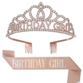 Set tiare et écharpe Birthday Girl or rose pour décoration de fête d'anniversaire femme - Taille unique / Ensemble Holographique Or Rose