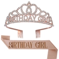 Ensemble couronne et écharpe Birthday Girl or rose avec strass brillants et paillettes - Taille unique / Ensemble Or Rose