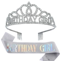 Silver birthday girl tiara and glitter sash set with rhinestone lettering for parties - Silver AB