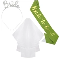 Bride to be 3-piece set with rhinestone headband, white veil, and green glitter sash - Bride To Be Party 3 Piece Set Glitter Fabric / Green