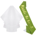 Bride to be 3-piece set with white layered tulle veil and green sequin shoulder sash - Bride To Be Party 2 Piece Set Glitter Fabric / Green
