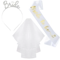 Bridal 3-piece set with rhinestone Bride headband, white veil and gold lettered sash - Bride To Be Party 3 Piece Set Satin Fabric / White