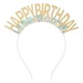 Serre-tête Happy Birthday à paillettes dorées avec franges laser sur un cerceau blanc - Or Clair