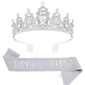 Set fascia Birthday Queen argento glitterata e tiara con cristalli scintillanti - Tiara d'argento con fascia d'argento olografica / Set Gioielli d'Argento