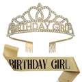 Ensemble couronne scintillante dorée en strass et écharpe pailletée Birthday Girl - Taille unique / Couronne Dorée Avec Écharpe Dorée Lettres Noires