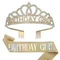 Ensemble diadème d'anniversaire doré en strass et écharpe à paillettes dorées - Taille unique / Couronne Dorée + Écharpe Holographique Or Foncé